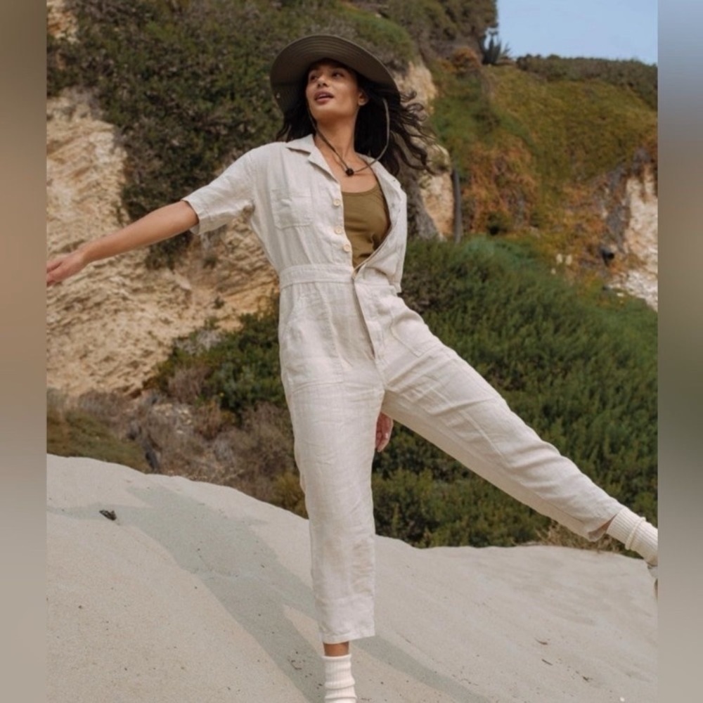 NWOT MATE the Label • Linen Short Sleeve Jumpsuit in Natural - Picture 3 of 14